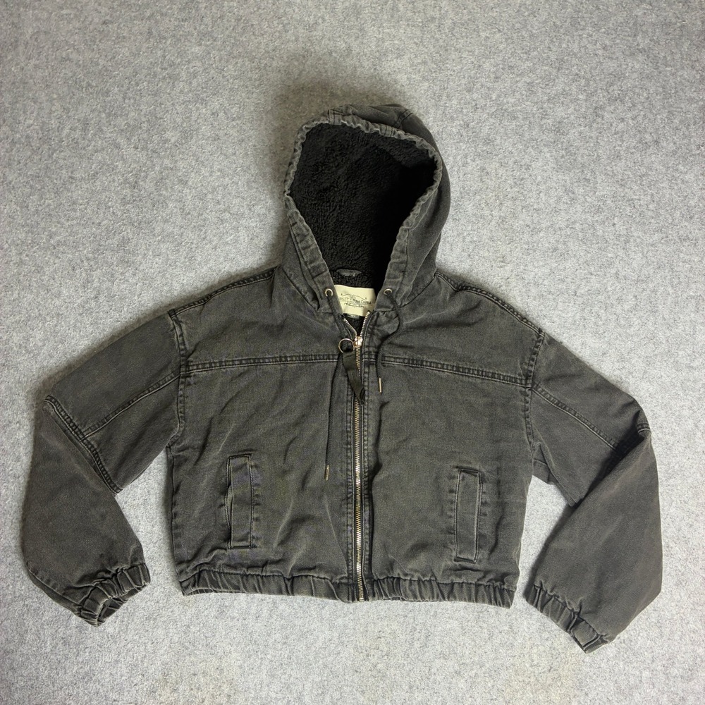 Ashley Vintage Charm Washed Black Denim Sherpa Lined Cropped Bomber Jacket M